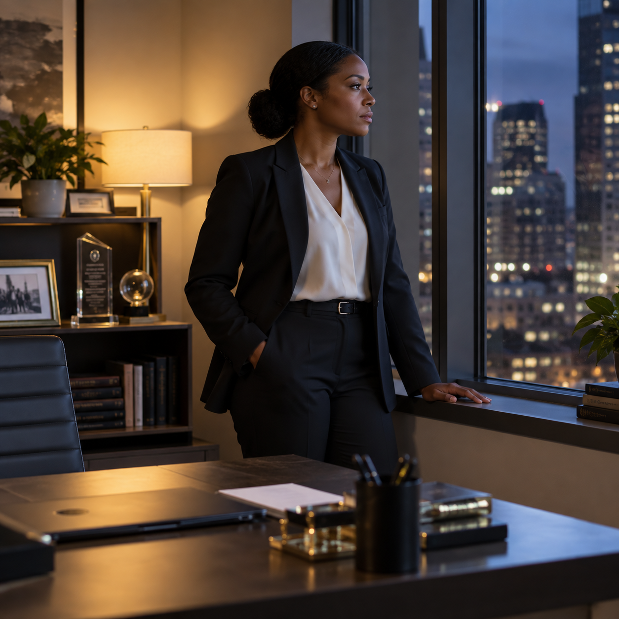 Successful female veteran reflecting alone in her office after a demanding workday
