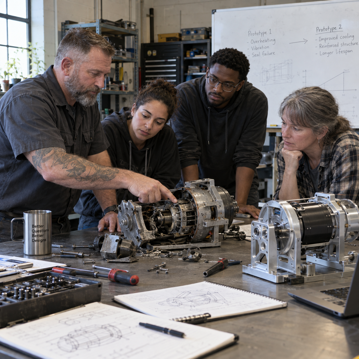 Veteran mechanic and civilian team analyzing a failed prototype while building an improved version