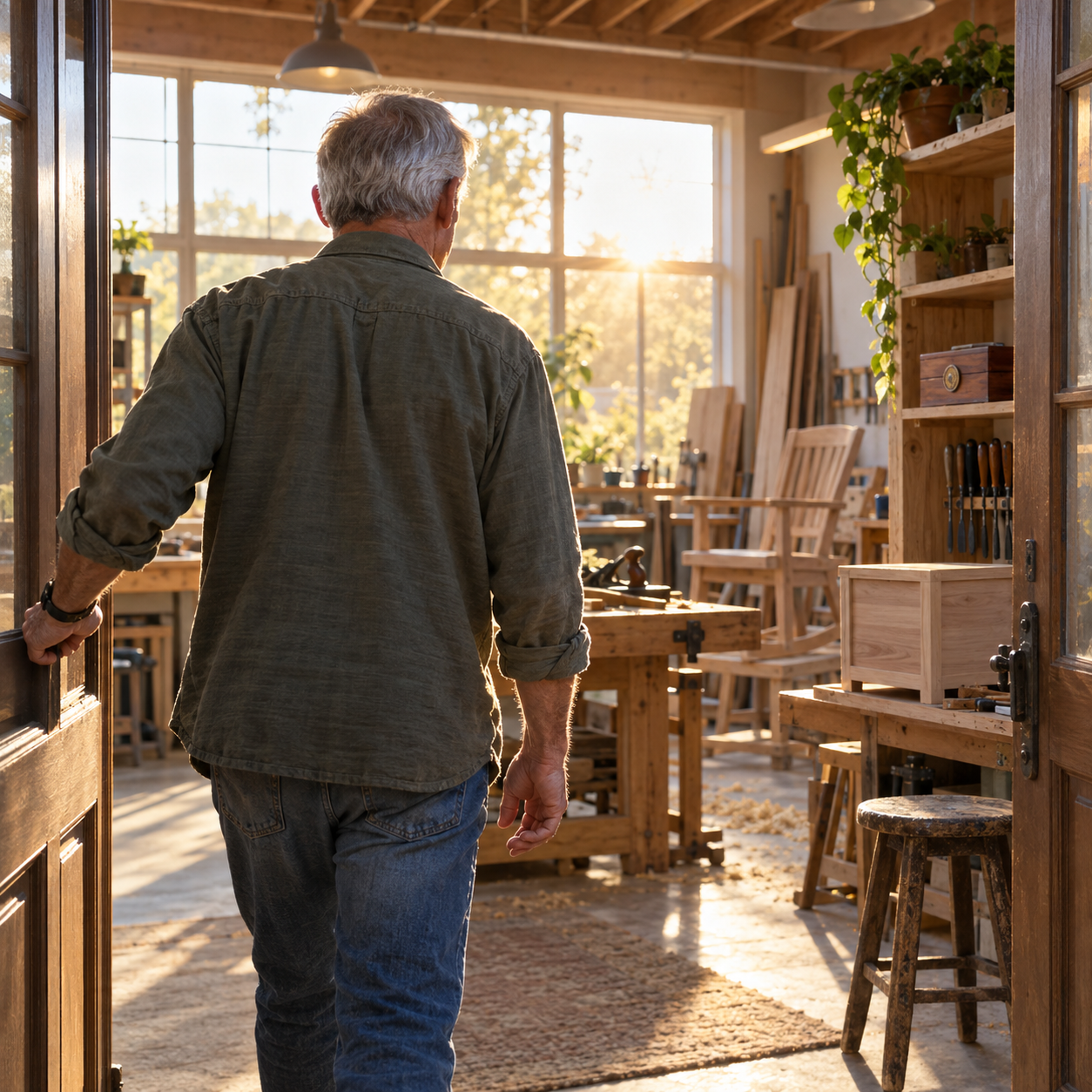 Older veteran opening a bright woodworking studio and beginning a meaningful new chapter