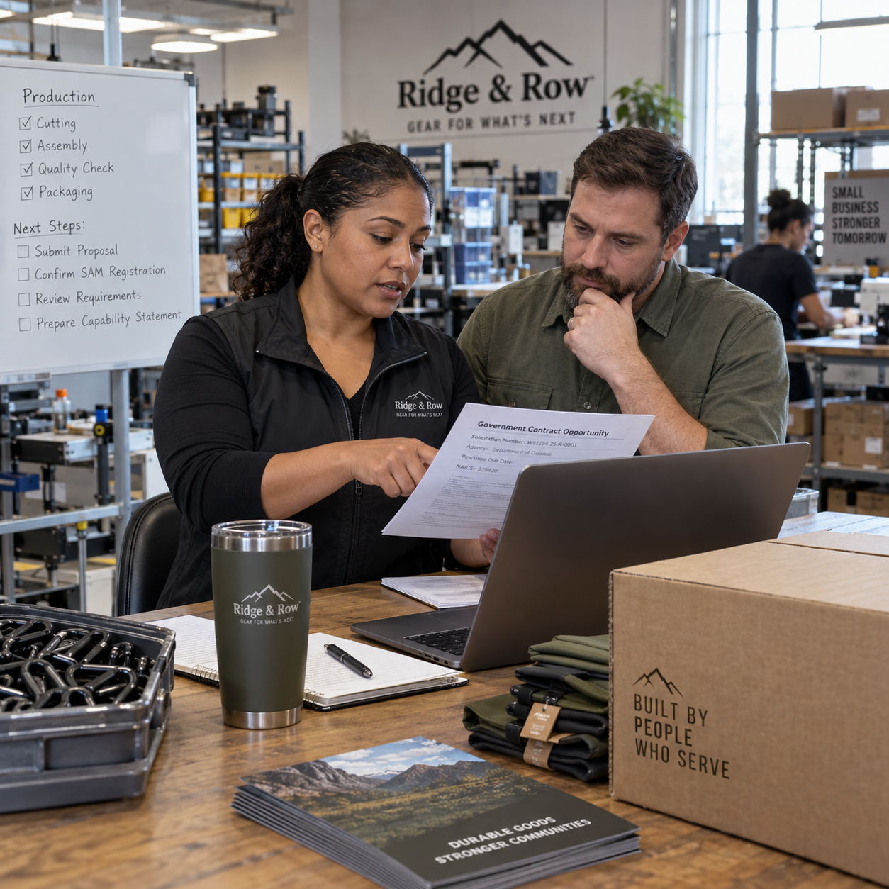 Veteran small-business owner reviewing a federal contracting opportunity with an operations partner