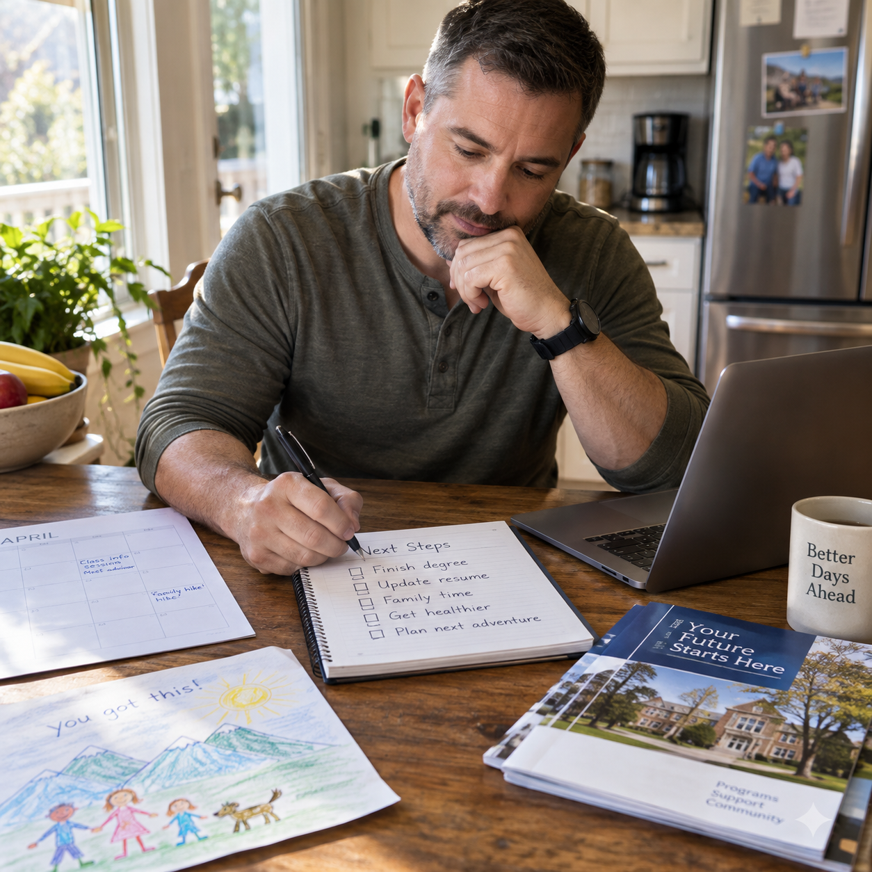 Veteran building a practical next-steps plan at a kitchen table with work, school, and family priorities